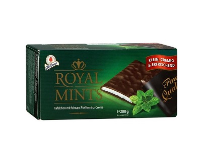 Шоколадные пластинки Royal Mints с мятной нач. 200г Halloren